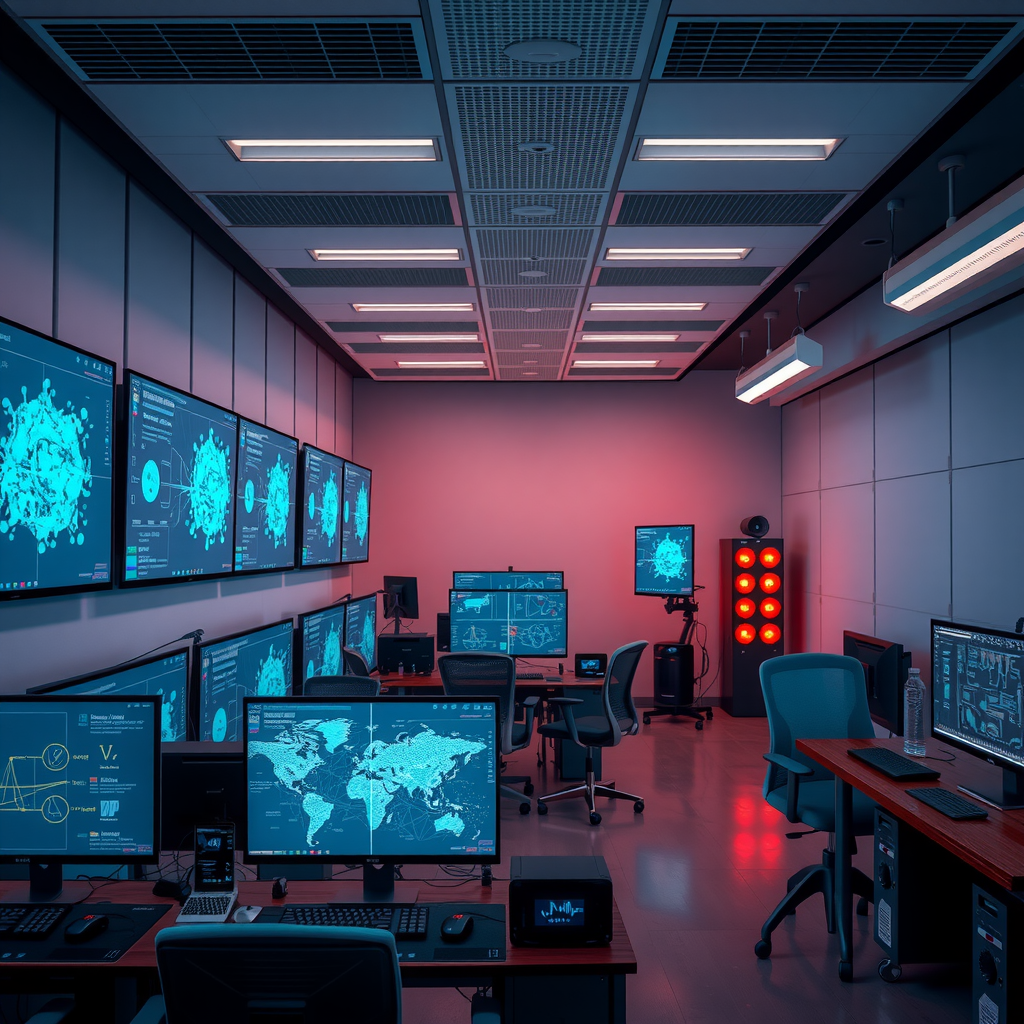 Modern AI research laboratory with multiple monitors displaying video generation models, neural network architectures, and stable diffusion visualizations