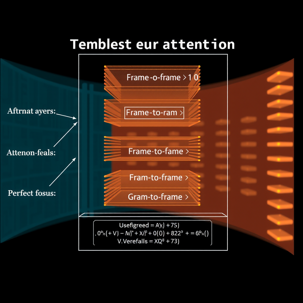Detailed neural network architecture diagram illustrating temporal attention mechanisms with interconnected layers, mathematical formulas for attention weights, and visual representation of frame-to-frame information flow in video generation models