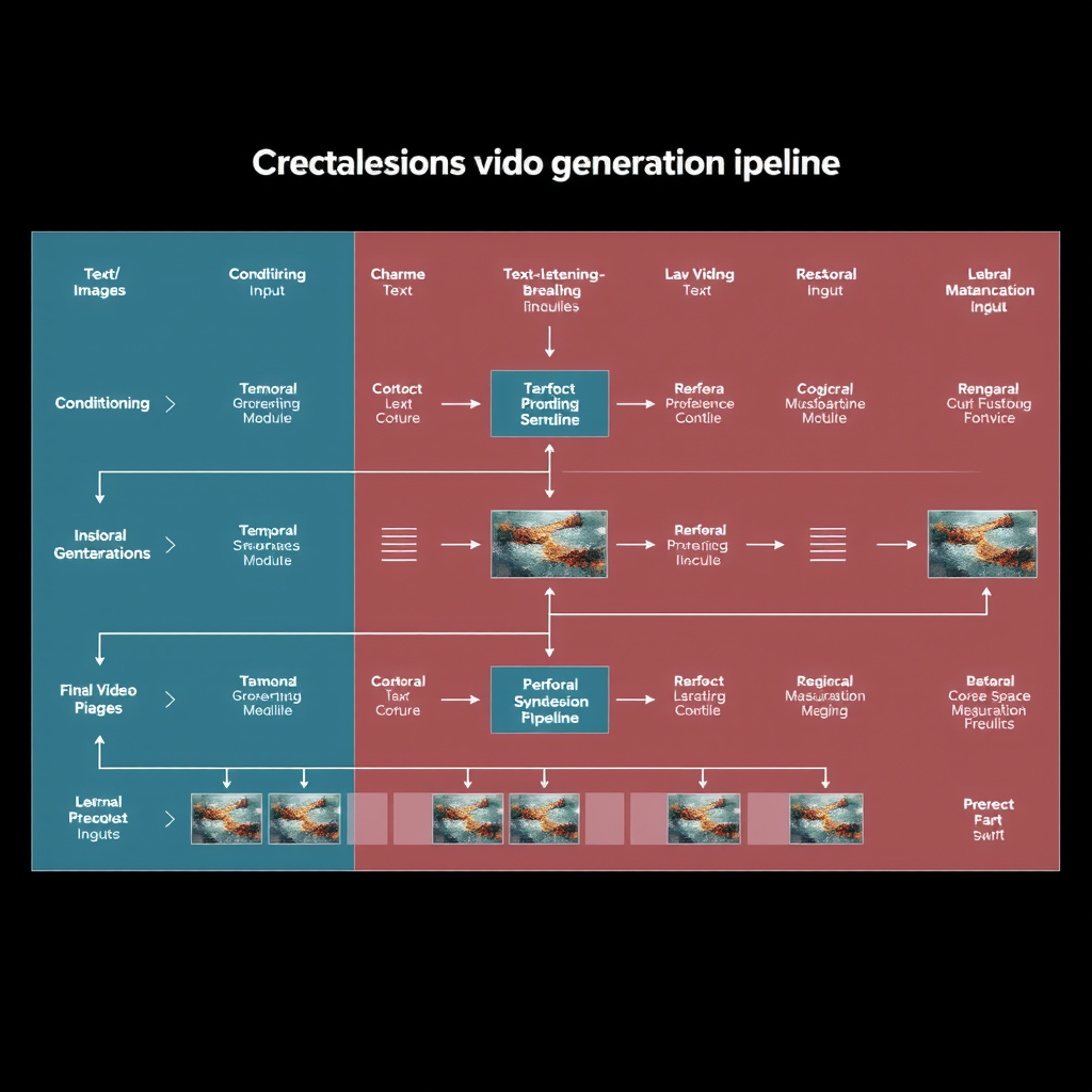 Comprehensive diagram showing the complete video generation pipeline with conditioning inputs, temporal processing modules, and output synthesis stages, illustrating the flow from text/image inputs through latent space manipulation to final video frames