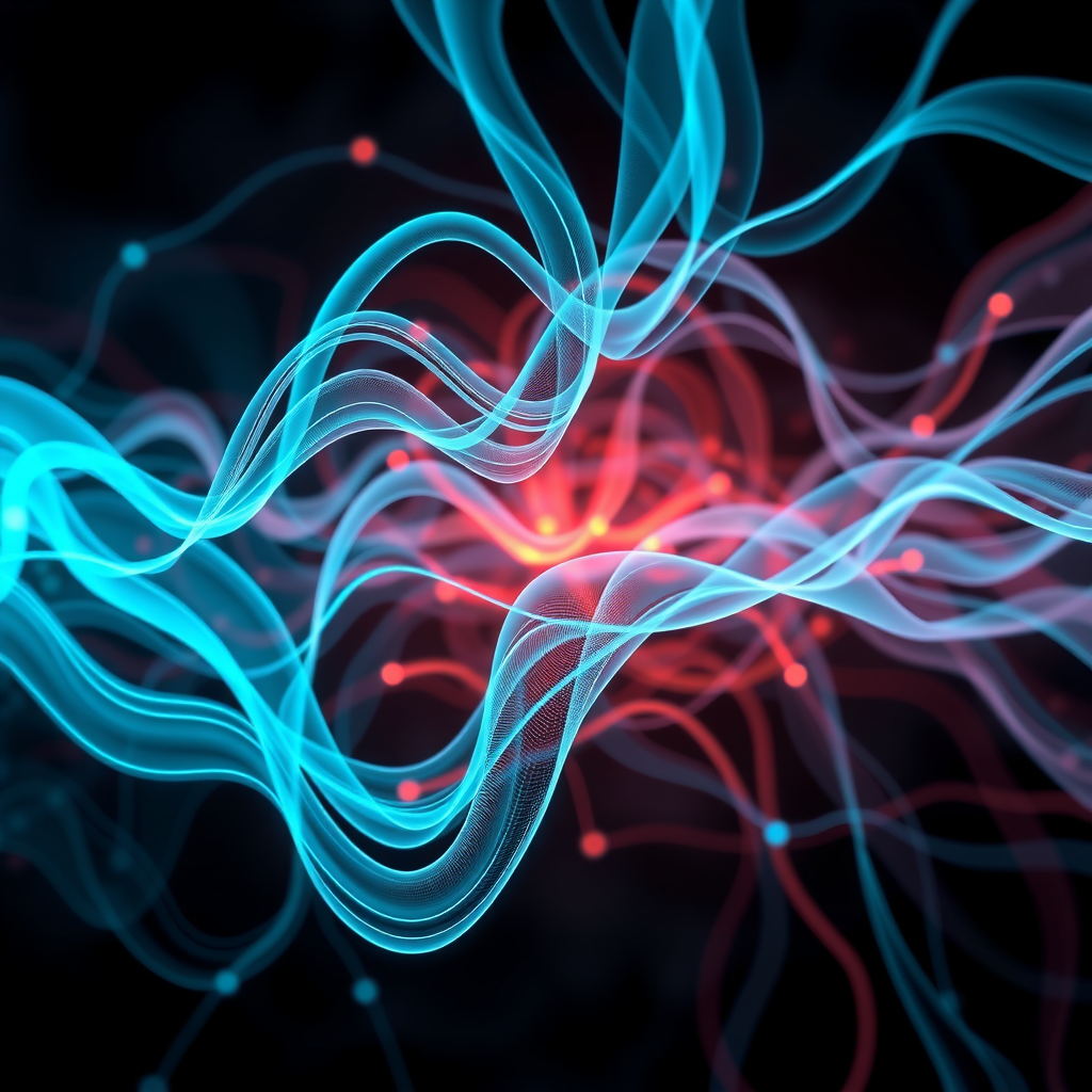 Abstract visualization of neural network architecture showing motion flow patterns, temporal dynamics, and interconnected layers representing video generation models with flowing cyan and blue gradients