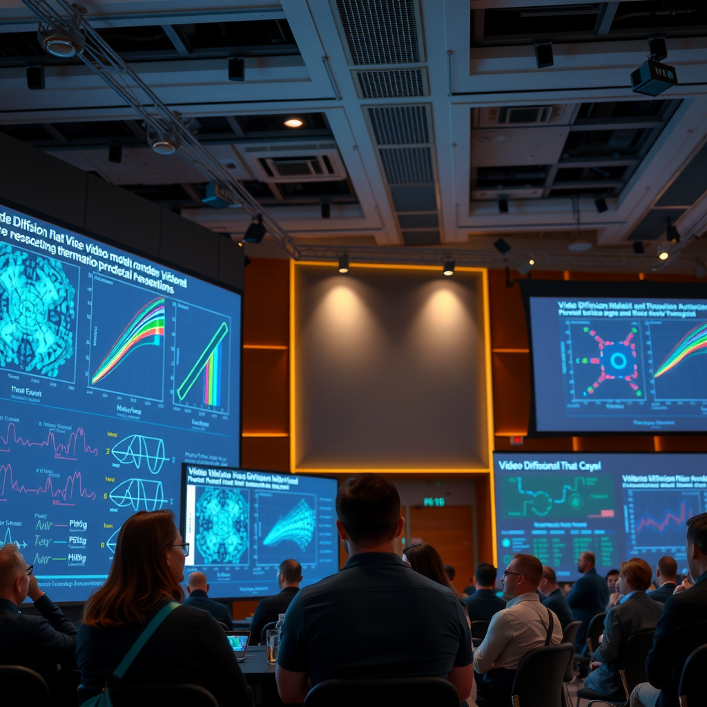 Academic conference presentation showing technical diagrams of video diffusion models, research findings, and neural network architectures on large screens