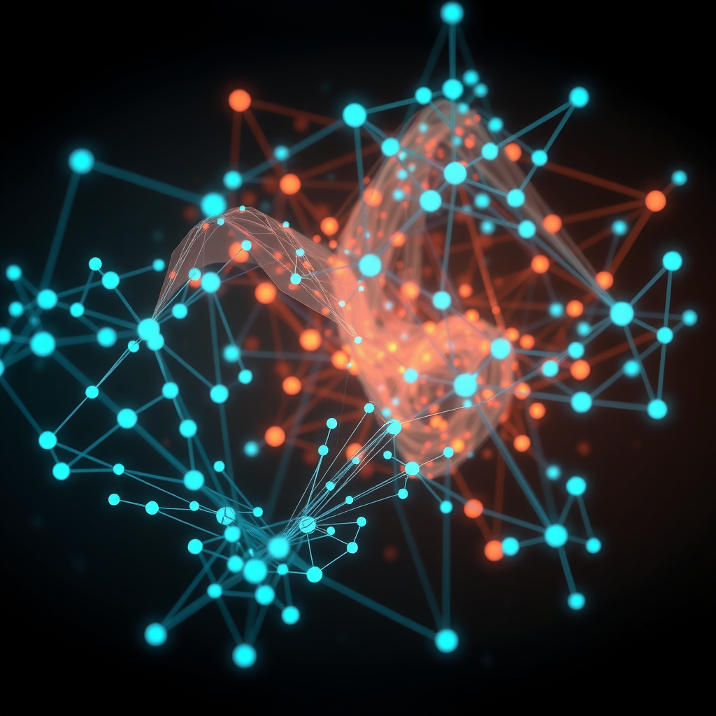 Abstract visualization of latent space in video diffusion models showing multidimensional vector representations, interpolation paths between different video concepts, and dimensionality reduction mapping with glowing cyan nodes and connections