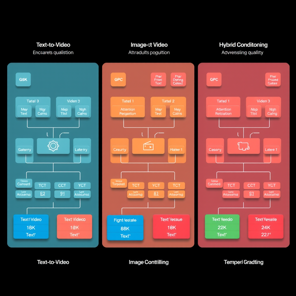 Detailed architectural comparison showing three parallel diagrams of text-to-video, image-to-video, and hybrid conditioning systems, with color-coded modules representing encoder networks, attention mechanisms, and temporal processing layers