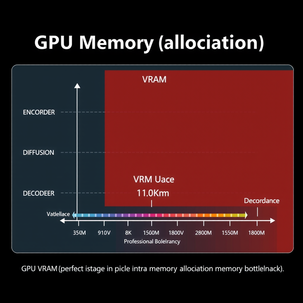 Detailed technical diagram illustrating GPU memory allocation patterns during video generation, showing VRAM usage across different pipeline stages including encoder, diffusion process, and decoder with memory bottleneck indicators