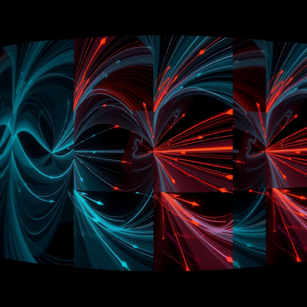 Scientific visualization of optical flow fields showing motion vectors, trajectories, and velocity magnitudes across multiple video frames with color-coded arrows indicating direction and speed of movement