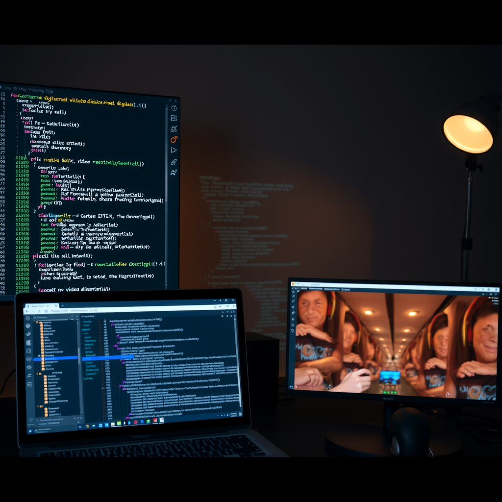 Developer workspace showing code editor with video diffusion model implementation, terminal windows with training logs, and generated video samples