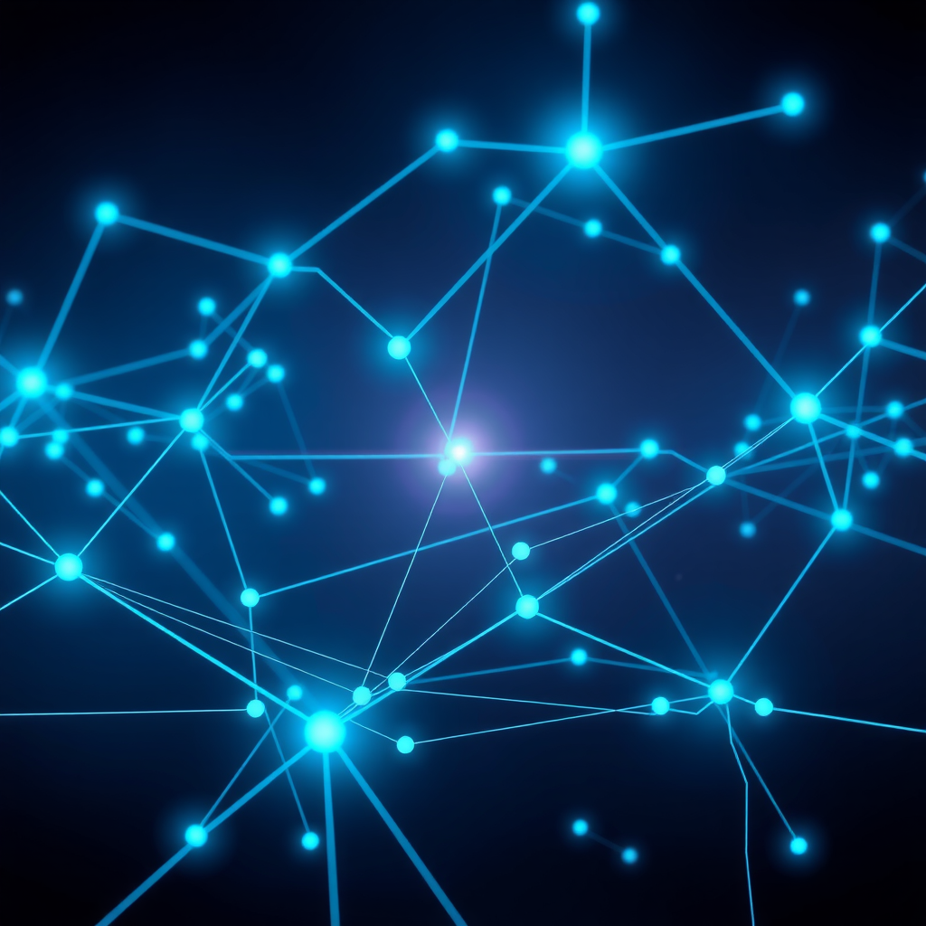 Futuristic visualization of latent space representations showing multidimensional vector fields with interpolation paths between different video concepts, featuring glowing nodes and connecting lines in electric cyan against deep space blue background