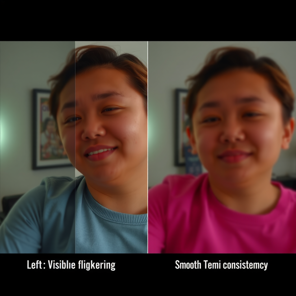 Comparative visualization showing two video sequences side by side - left sequence exhibits visible flickering with inconsistent lighting and texture variations between frames, right sequence demonstrates smooth temporal consistency with stable visual features across frames