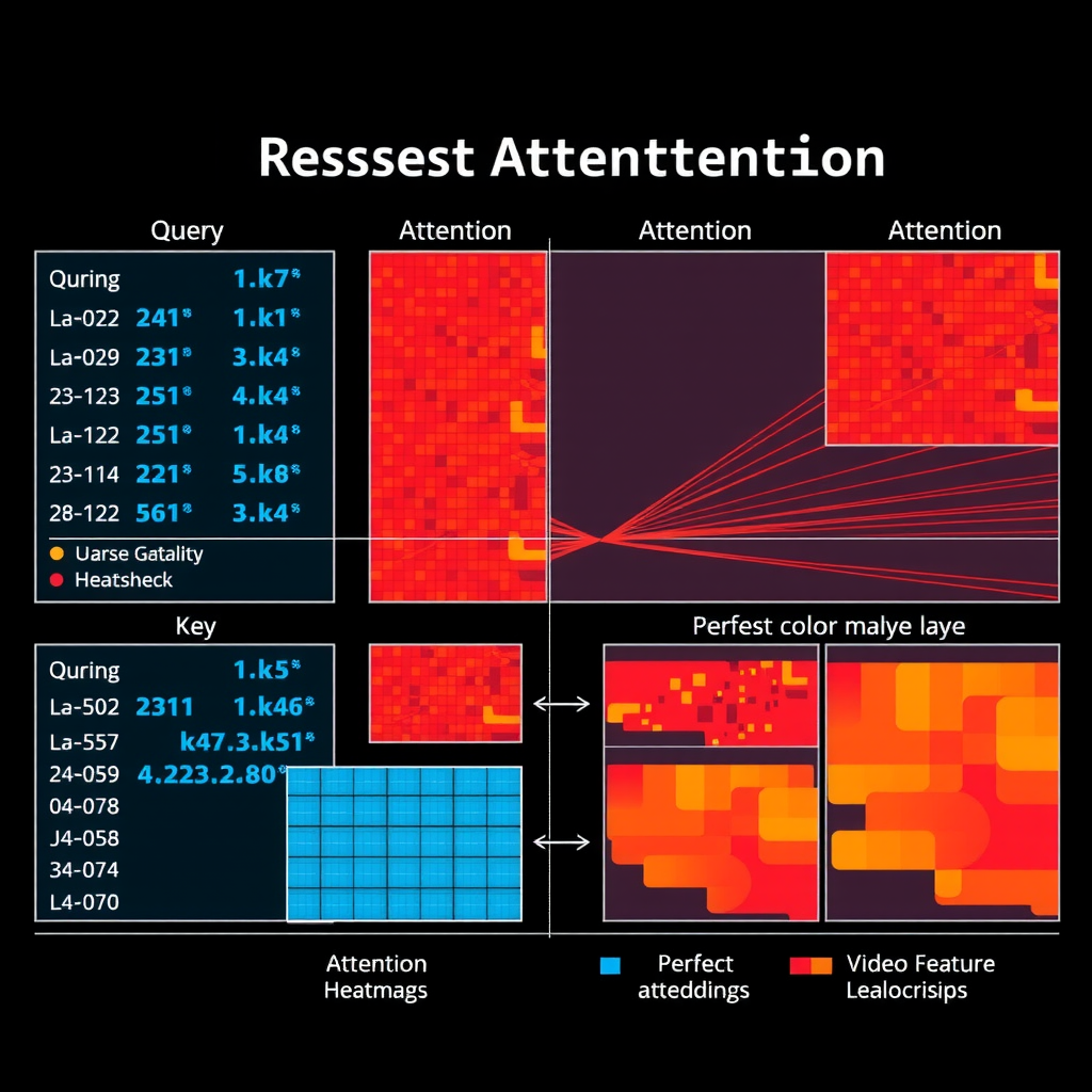 Technical visualization showing the cross-attention mechanism with query, key, and value matrices, attention weight heatmaps, and the flow of information between text embeddings and video feature maps across multiple layers
