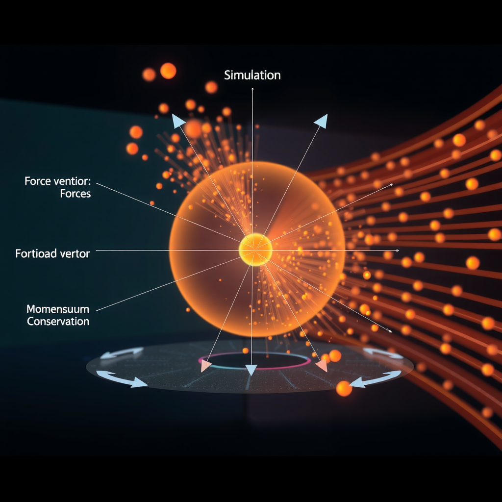 Technical diagram illustrating physics simulation principles including particle dynamics, force vectors, momentum conservation, and energy transfer applied to neural video generation systems