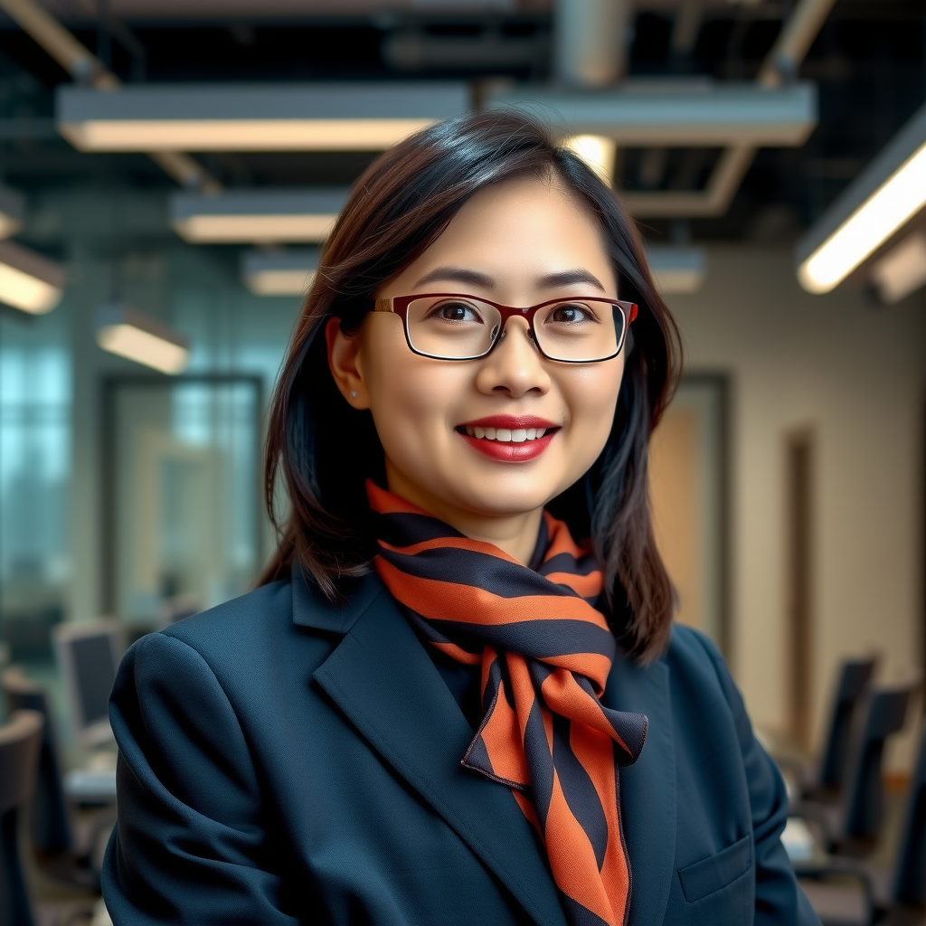 Dr. Sarah Chen, Research Director, wearing professional attire in a modern office setting