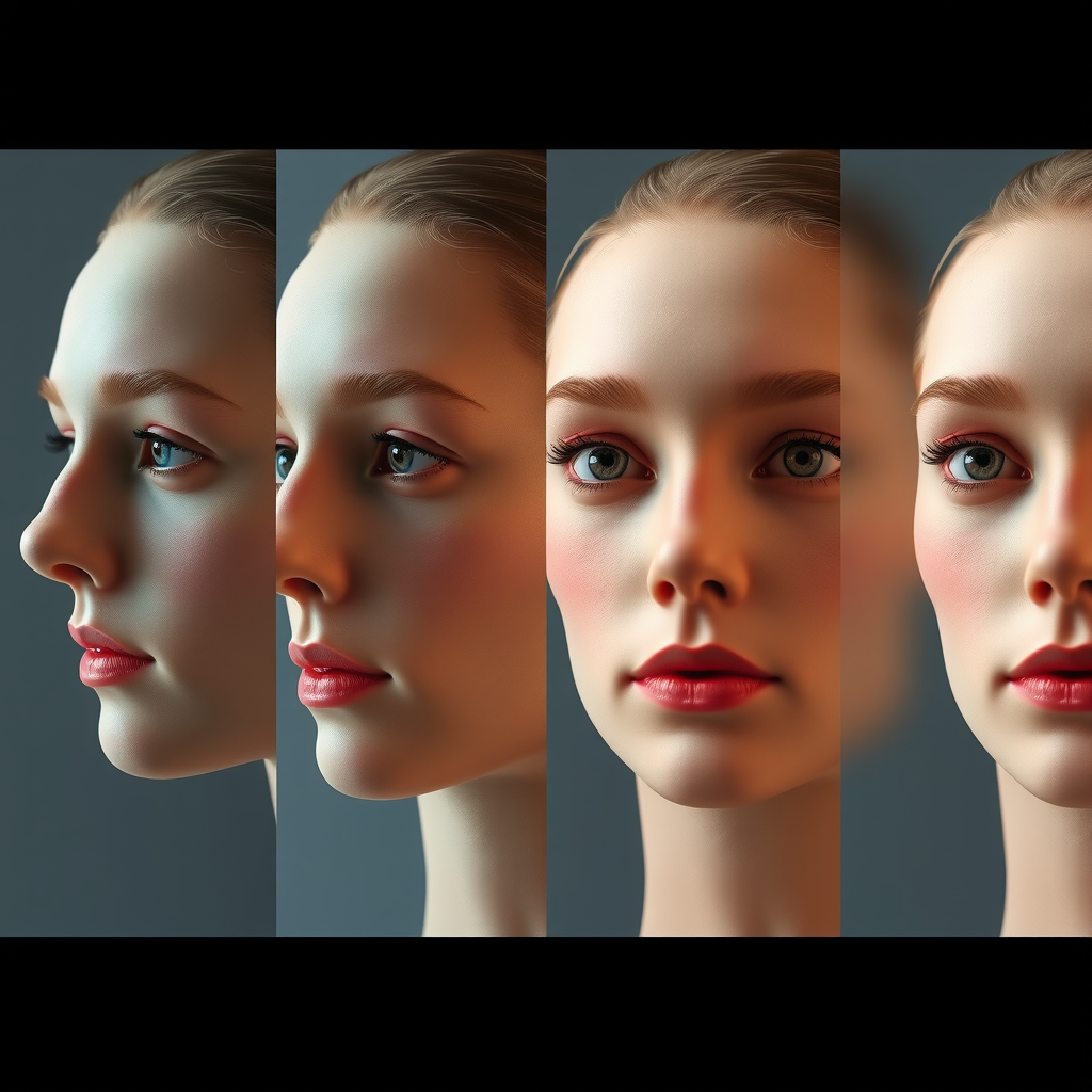Sequential frames displaying gradual morphing of a generated face over time, demonstrating how facial features subtly shift and change identity across the temporal sequence, with annotations highlighting specific feature changes like eye shape, nose structure, and overall face geometry
