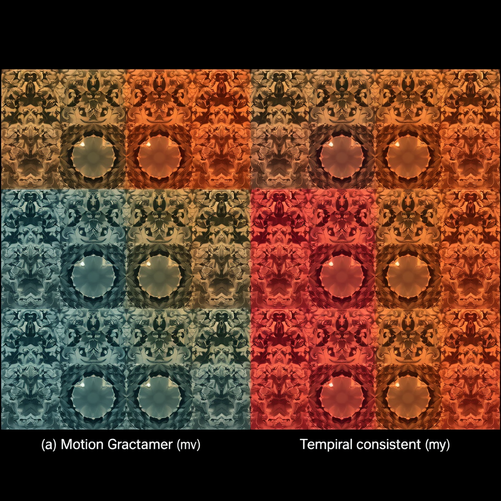 Sequential visualization showing the progression from a single input image through multiple generated frames, with overlay annotations indicating motion vectors, feature preservation regions, and temporal consistency metrics at each frame