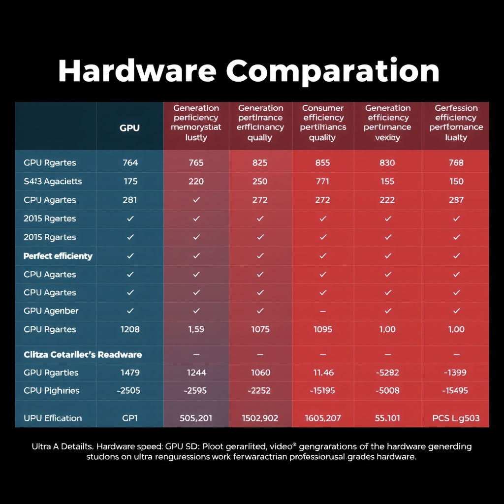 Comprehensive hardware performance comparison chart displaying generation speed, memory efficiency, and cost-effectiveness metrics across different GPU configurations including consumer and professional-grade hardware for video generation tasks