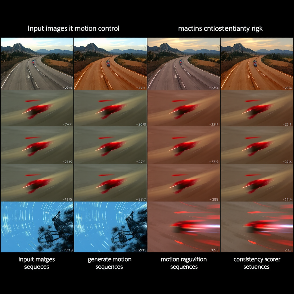 Grid layout comparing different motion control approaches, showing input images in the left column and corresponding generated video sequences with varying motion characteristics, annotated with motion magnitude and consistency scores