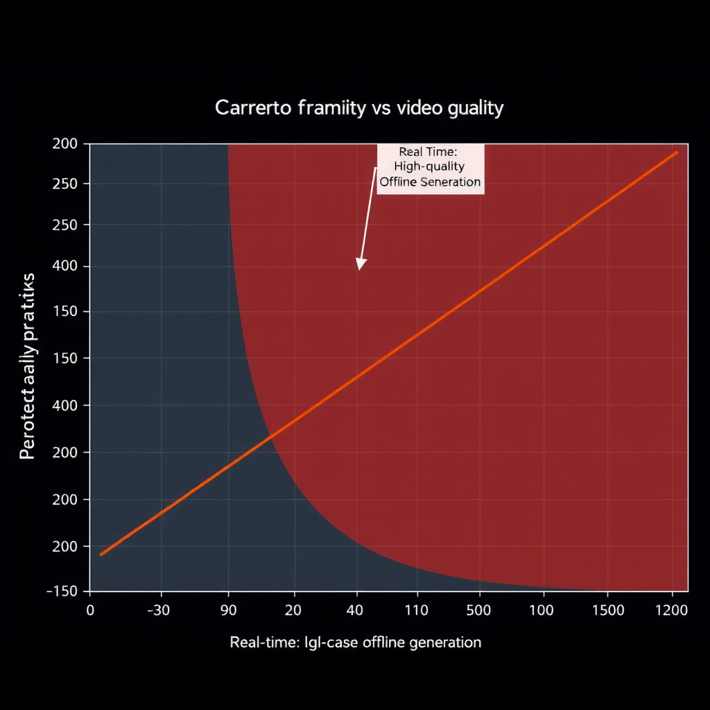 Detailed scatter plot showing the relationship between computational cost and video quality metrics, with Pareto frontier highlighting optimal configurations and annotated regions indicating different use-case scenarios from real-time to high-quality offline generation