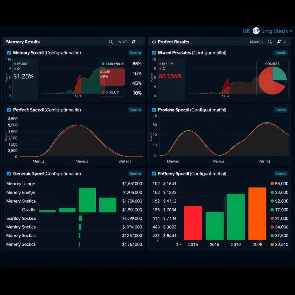 Comprehensive benchmark results dashboard displaying performance metrics across different optimization configurations, including memory usage graphs, generation speed comparisons, and quality assessment scores with statistical confidence intervals