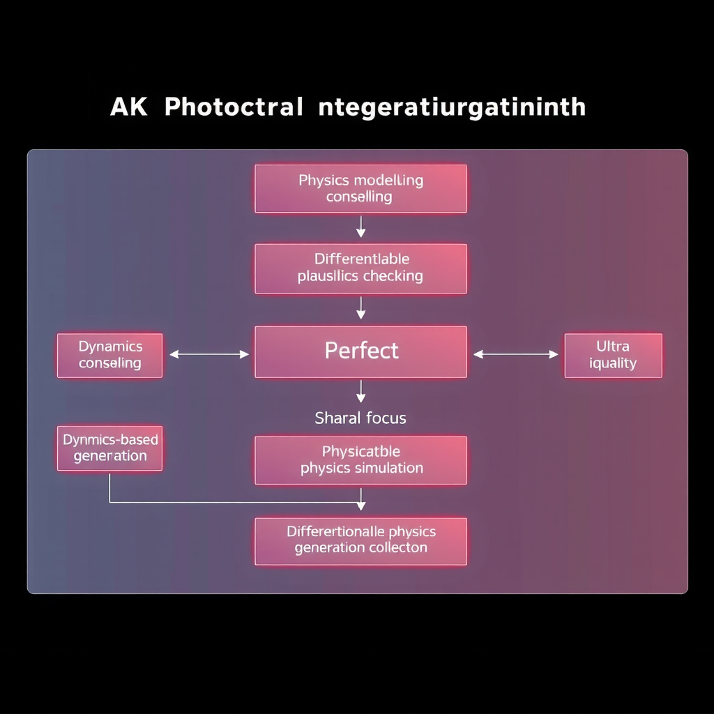 Architectural diagram showing integration of physics-based constraints into neural video generation pipeline, with modules for dynamics modeling, physical plausibility checking, and differentiable physics simulation connected to standard generation components