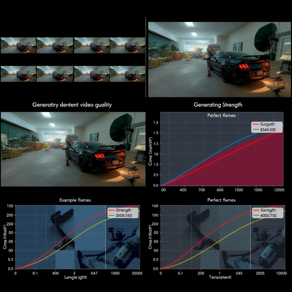 Multi-panel visualization showing the effect of different conditioning strength values on generated video quality, with example frames at various strength levels and corresponding quality metrics plotted on graphs showing the relationship between strength and temporal consistency