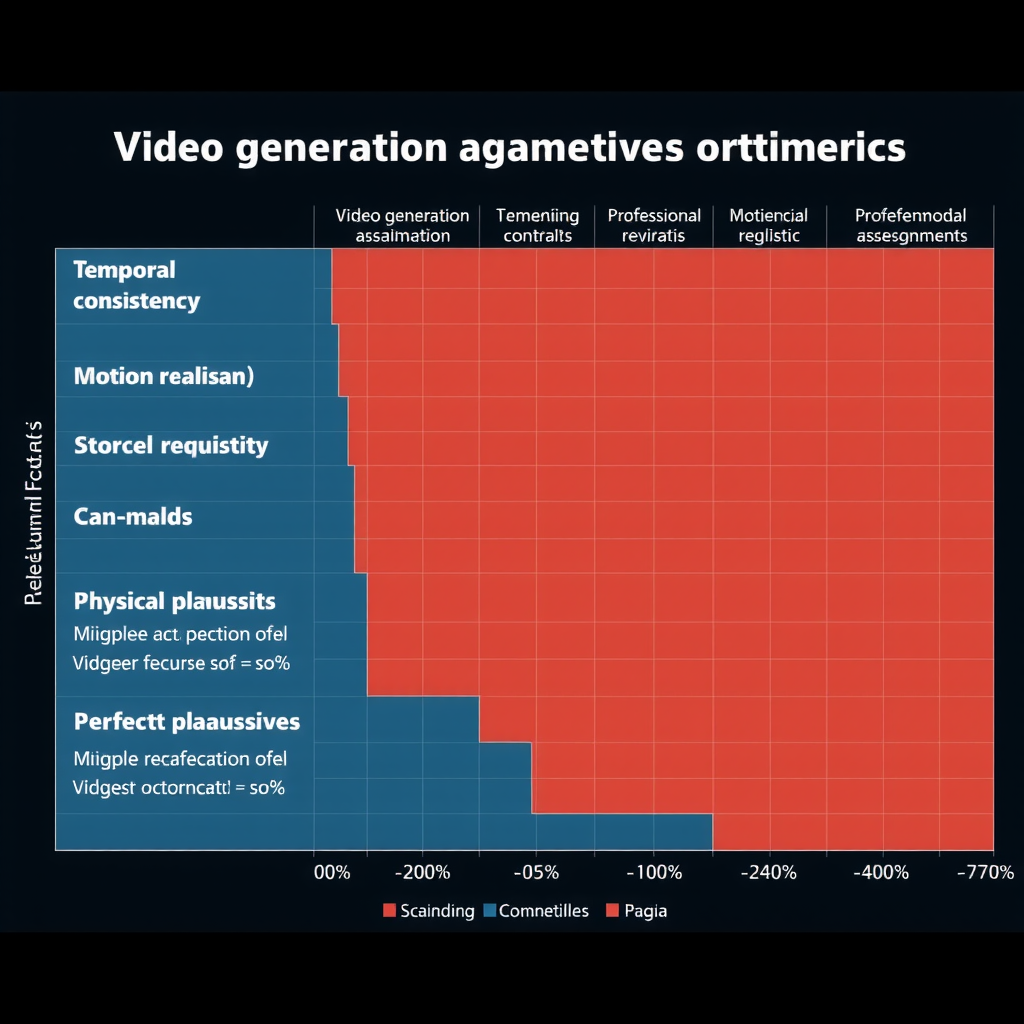 Scientific chart comparing various video generation evaluation metrics including temporal consistency scores, motion realism measurements, and physical plausibility assessments across different model architectures