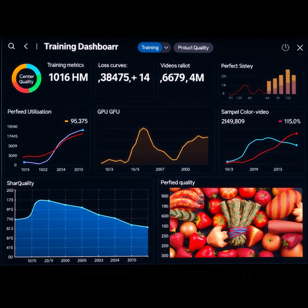Training dashboard displaying model performance metrics, loss curves over time, GPU utilization graphs, and sample generated video frames