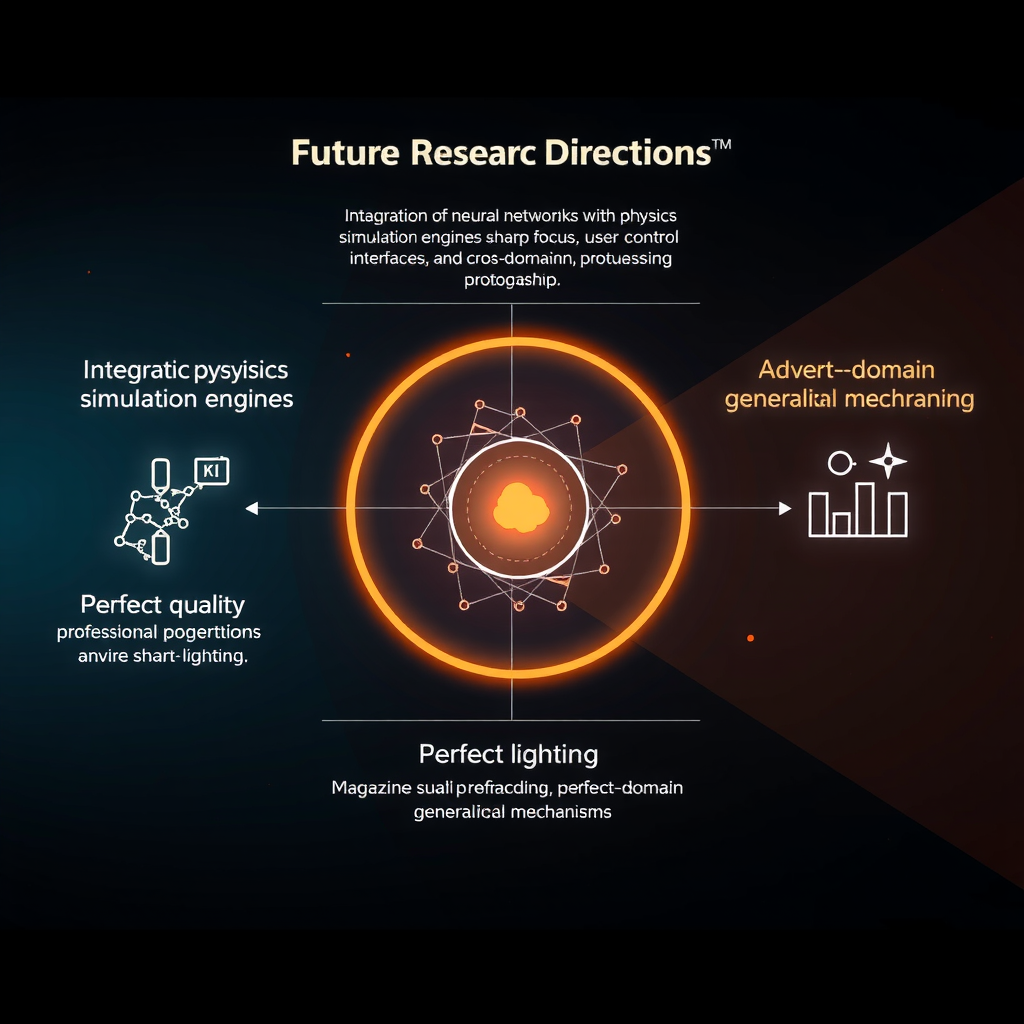 Conceptual diagram illustrating future research directions including integration of neural networks with physics simulation engines, user control interfaces, and cross-domain generalization mechanisms