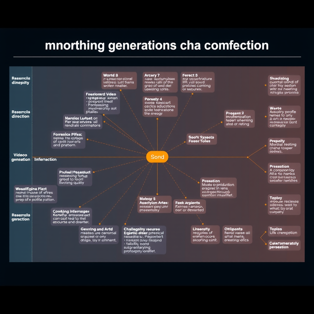Visual roadmap showing emerging research directions in video generation conditioning, with branching pathways representing different research areas, timeline projections, and connections between related topics, annotated with key challenges and potential solutions